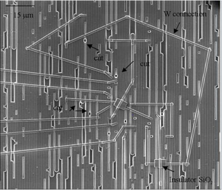 Electronic systems failure analysis image of FIB circuit edit connections and cuts from EAG Laboratories