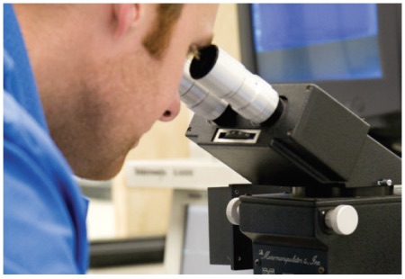 Scientist looking through microscope