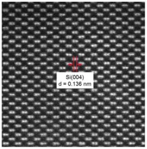 Z-Contrast image of silicon dumbells. The bright spheres are columns of silicon atoms with a spacing of 0.136nm, highlighting the outstanding image resolution of the technique.