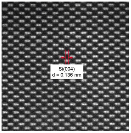 硅哑铃的Z-对比图像。 明亮的球体是硅原子列，间隔为0.136nm，突出了该技术的出色图像分辨率。