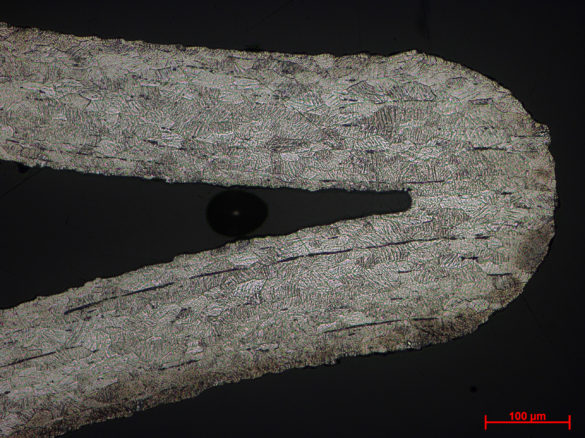 Metallurgical testing microstructure image of a nitinol stent for nickel biocompatibility