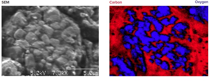 Using the elemental mapping capability of Auger Electron Spectroscopy (AES), a cycled LiNiMnCoO2 cathode is analyzed showing a high carbon signal at the extreme surface, from electrolyte residue surrounding the cathode particles.