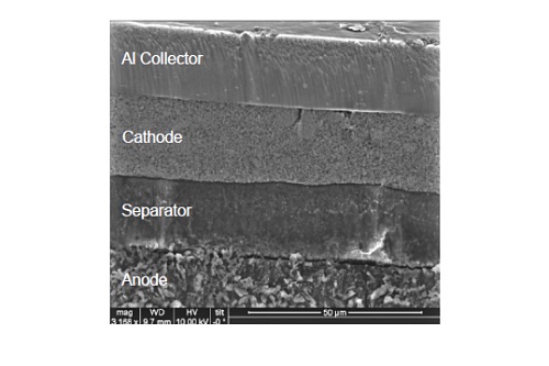 This is an example of an SEM image of a cycled lithium polymer battery prepared by ion milling.