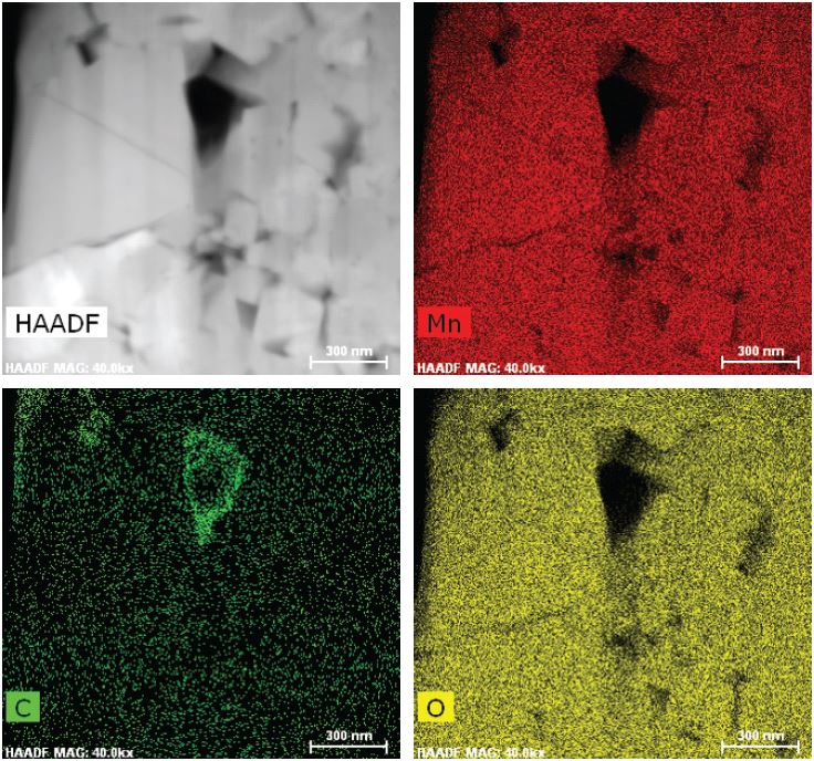 High-resolution TEM of cathode in a battery characterization project.