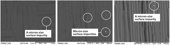 Figure 2: SEM images on carbon fiber-reinforced carbon composite material, grade PC70 (Schunk Carbon Technology), in COMPO mode (mostly z-contrast). The bright spots (shown circled above) are micron size surface impurities having densities higher than that of carbon.