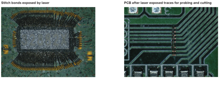 Stitch bonds exposed by laser, PCB after laser exposed traces for probing and cutting