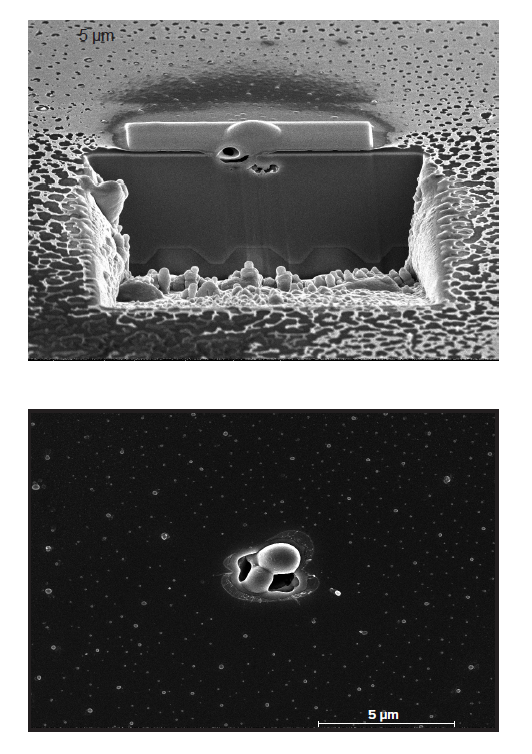 FAILURE SITE SEM examination of the defect site identified by OBIRCH shows a large void has formed under a blister. The sample was then prepared and imaged using Dual Beam FIB (Focused Ion Beam).