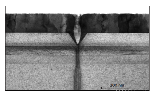 A TEM view of the pit defect shown above reveals v-shaped defects in the quantum well leading to pit formation in p-GaN that extended through the ITO to the surface.