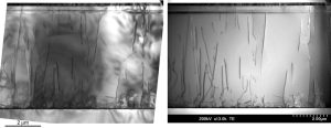 Comparison of VTD in GaN imaged with conventional TEM bright field (left) and STEM bright field (right)